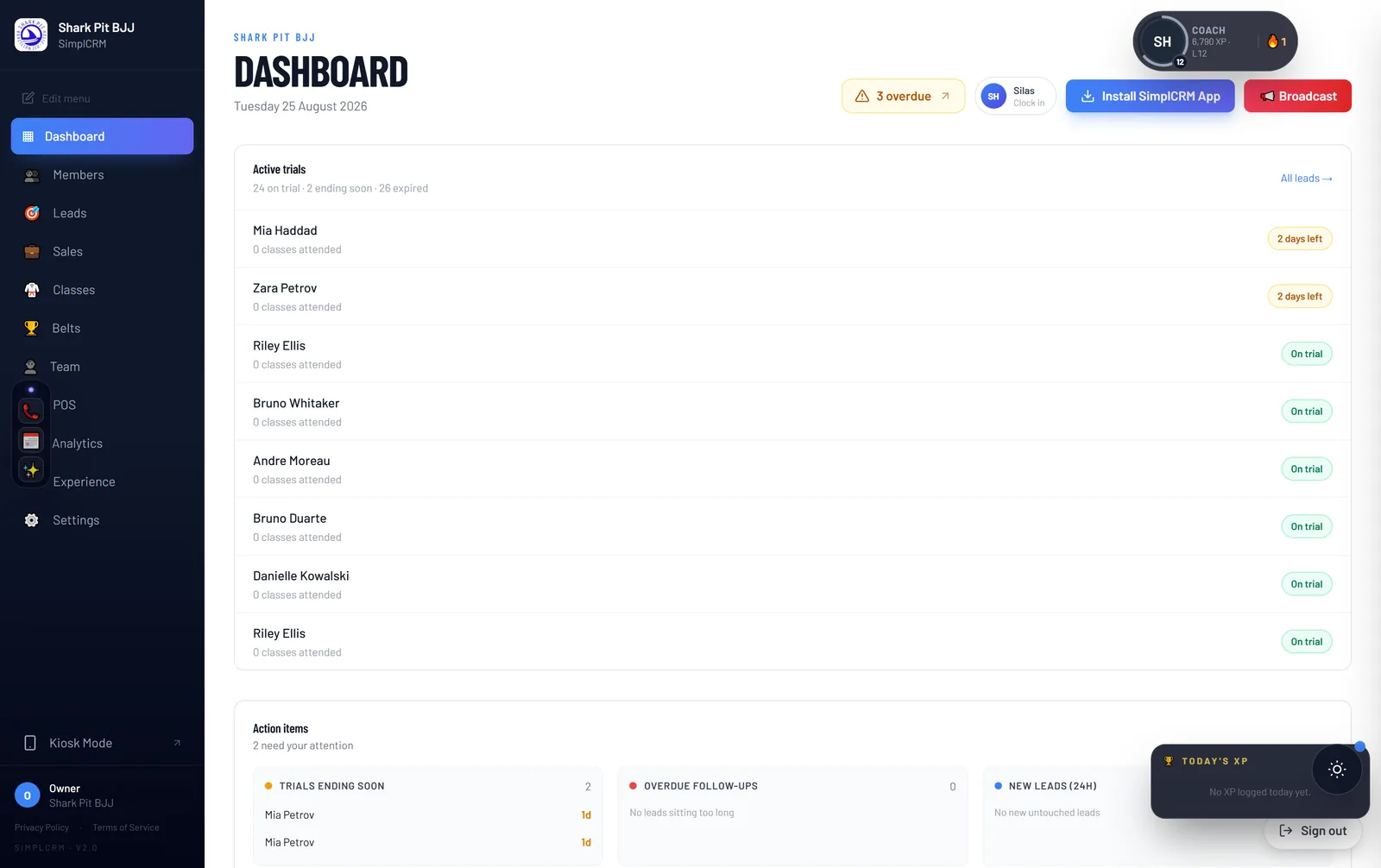 The YogaOps dashboard showing active trials, action items and gym KPIs