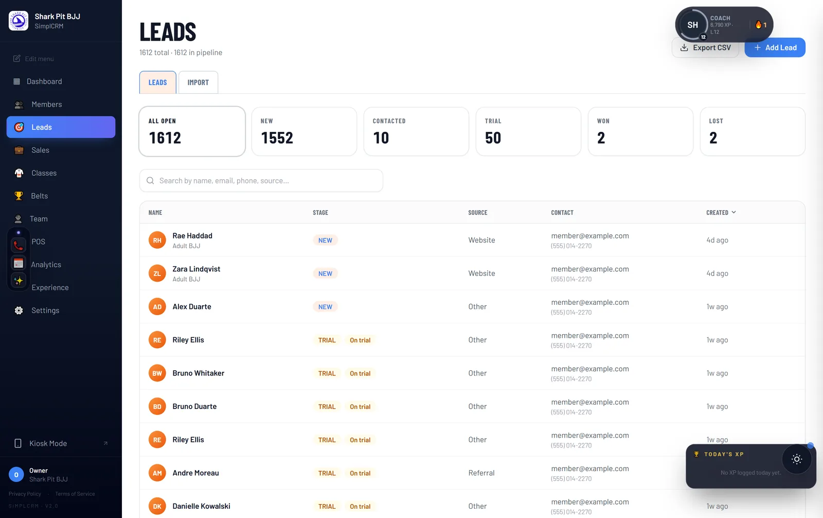 YogaOps leads pipeline showing lead stages and follow-up tasks