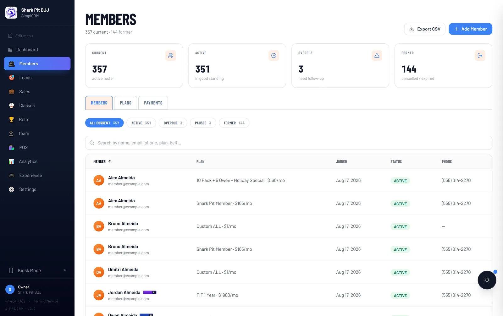 YogaOps member roster with belt ranks and plan status